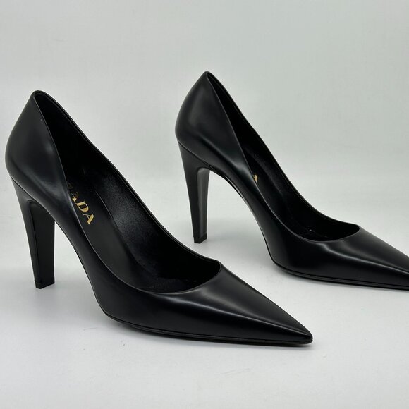 PRADA Triangle Show Leather Pointed Toe Pumps Heels Shoes Black - Picture 11 of 15